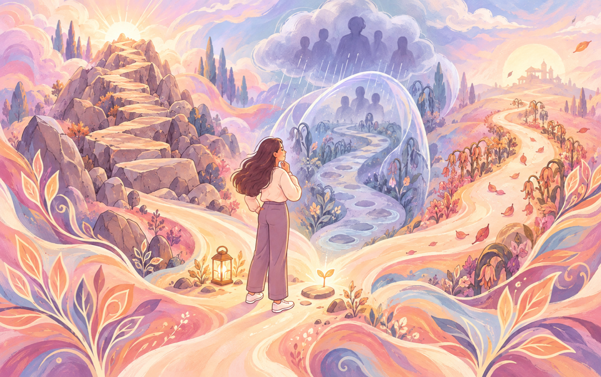 Three compassionate paths representing difficulty, fear, and a changed goal