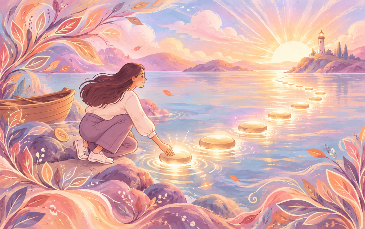 One glowing stepping stone beginning a path toward the horizon